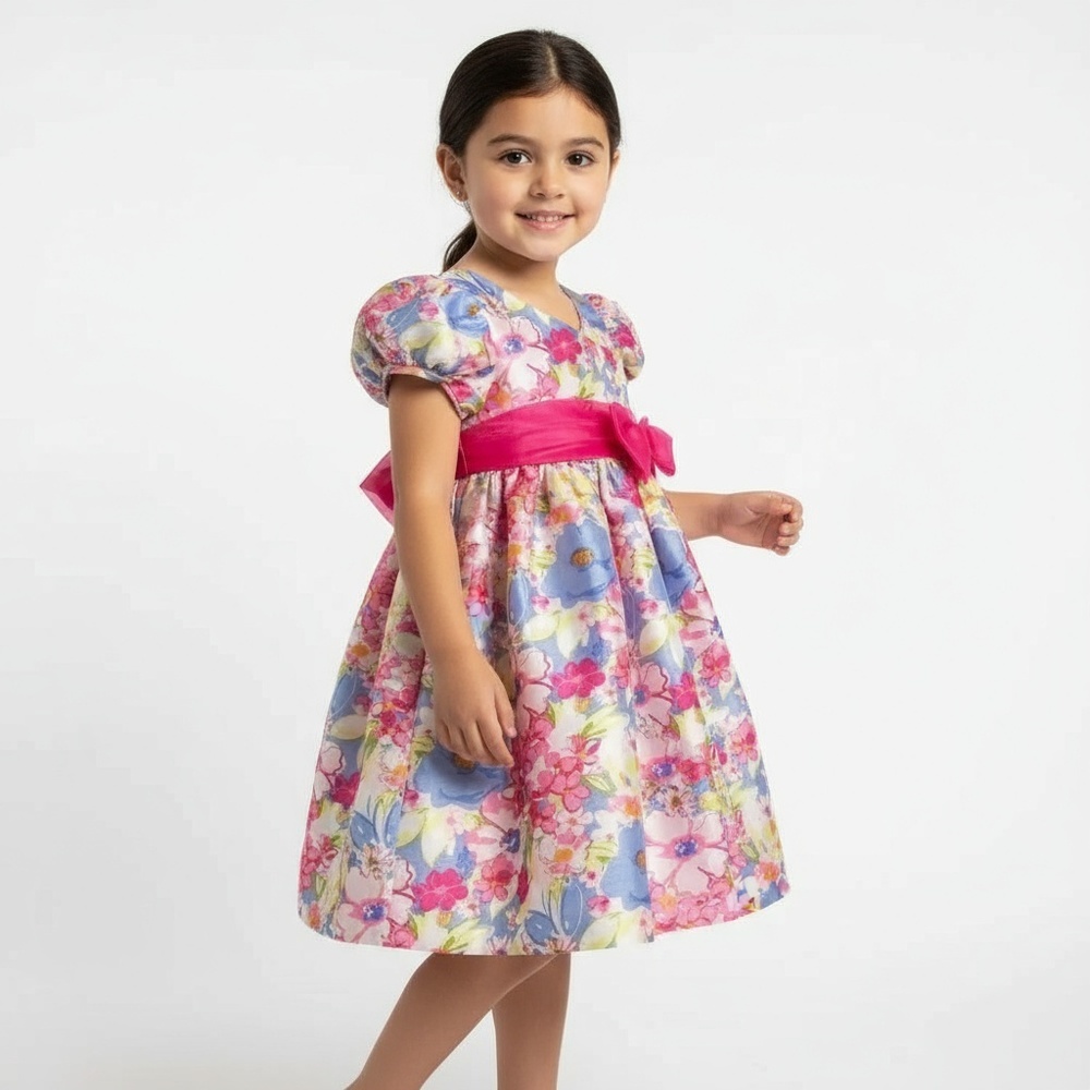 Ashley Ann Girls Dress Size 4T Multicolor Floral Pink Puffy Sleeves Party Whimsi